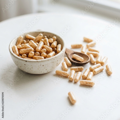 Health Supplements Capsules in Bowl and Scattered with Wooden Spoon Close up Studio Shot
