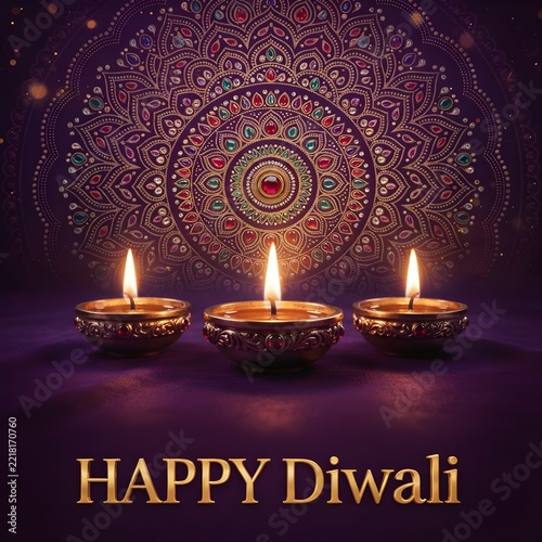Happy Diwali celebration with three lit oil lamps and colorful