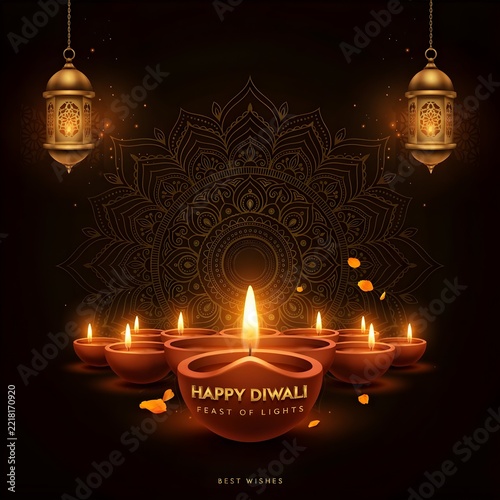 Happy Diwali celebration with glowing diyas and decorative lanterns