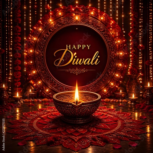 Happy Diwali greeting card with glowing diya lamp and rangoli design