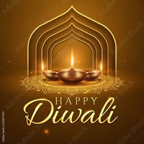 Happy Diwali greeting card with glowing oil lamps and mandala design