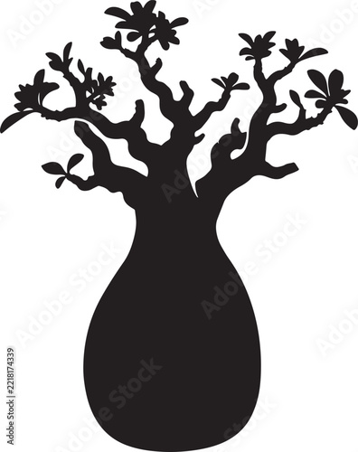 Black silhouette of a desert rose plant with thick trunk and branches