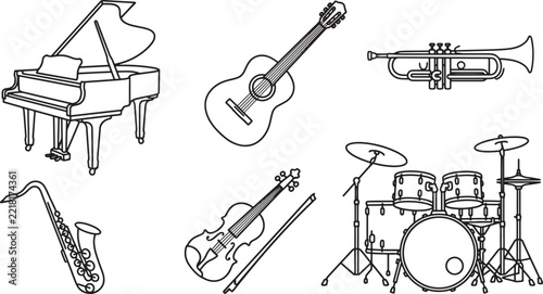 Collection of musical instruments outline icons including piano