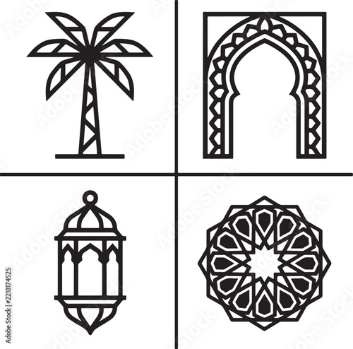 Ramadan kareem set of black line icons with palm tree arch lantern