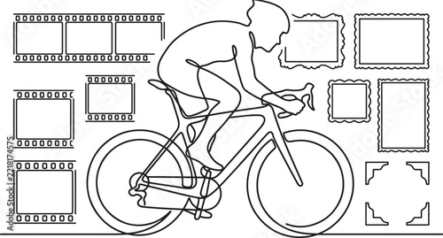 Continuous line drawing of a cyclist riding a road bike surrounde