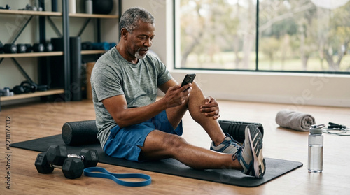 Fit Senior Man Using Smartphone After Gym Workout Resting on Yoga Mat with Dumbbells and Foam Roller