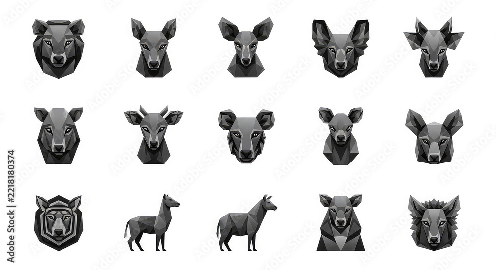 Obraz premium Set of geometric animal heads and bodies in low poly style for modern