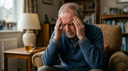 Elderly Man Suffering From Headache Pain Holding Temples Sitting In Armchair At Home