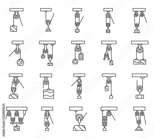 Physics mechanics block pulley set featuring rope wheel load weight support hoist tackle counterweight suspension rigging lifting force motion machine