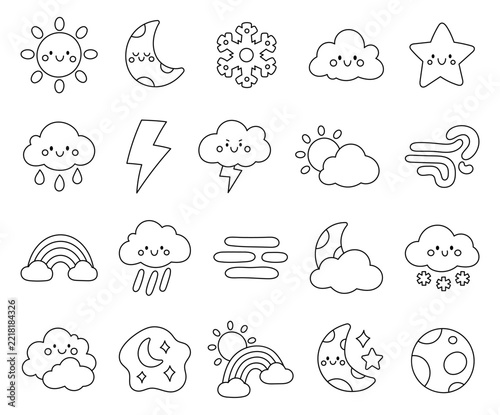 Weather climate set featuring sun moon cloud rain snow lightning thunder wind rainbow fog stars crescent night sky storms forecast