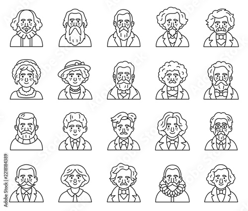 Author literature set featuring famous writer novelist poet playwright historical portrait character face costume beard mustache hat collar classic person