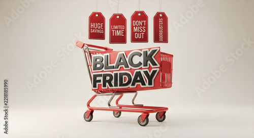 Black Friday shopping cart with sale tags and promotional labels