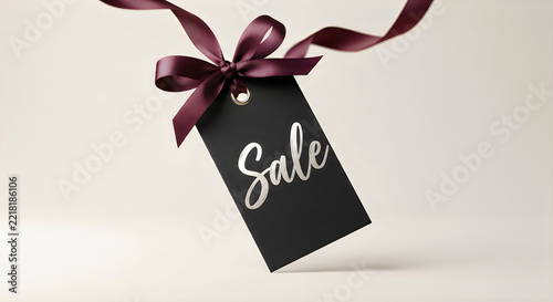 Sale tag with decorative red ribbon on light background