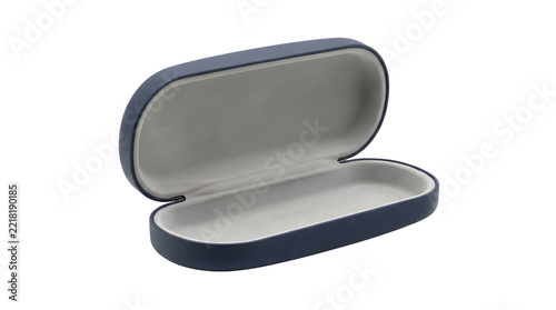 Open blue leather eyeglasses case isolated on transparent background