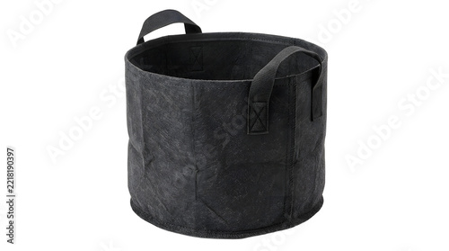 Black fabric grow bag with handles isolated on transparent background