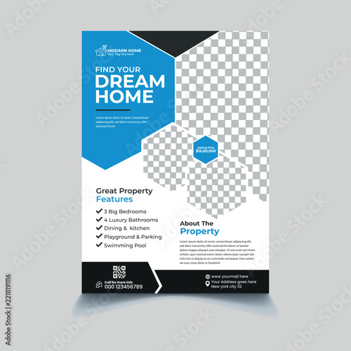 Modern real estate flyer template for property sales with blue