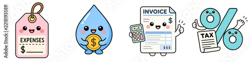 Cute business finance illustration featuring expense tag, water drop, invoice, calculator, and tax documents with cheerful expressions