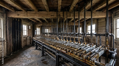 Vintage railway lever frame in signal box features weathered steel rods for track control.