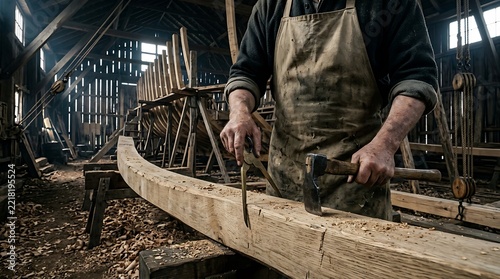 Skilled craftsman using metal dividers and iron hatchet to shape timber in rustic workshop.