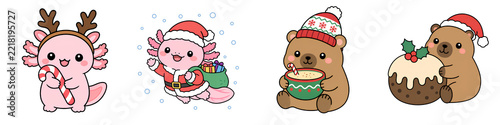 Festive animal character cartoon illustration Christmas celebration pink axolotl Santa hat brown bear holiday dessert