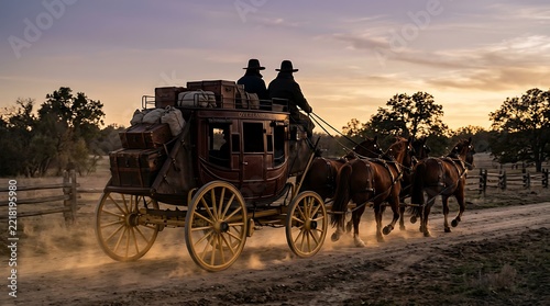 Classic wooden stagecoach carrying travel luggage pulled by four horses along dirt road.