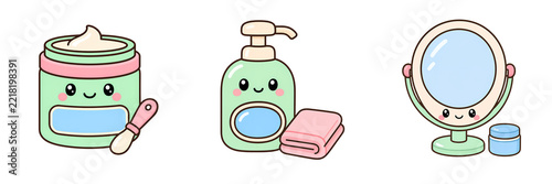Pastel hygiene set with cream jar, lotion bottle, hand mirror, and cosmetic brush arranged as cute bathroom items