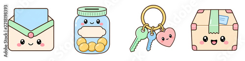 Cute pastel animal character stationery and keychain illustrations on transparency background