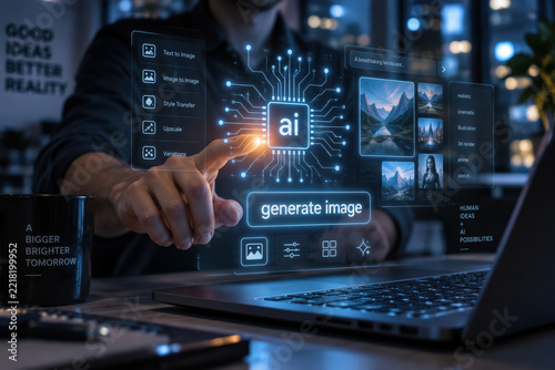 Person touching glowing AI holographic interface above laptop keyboard in a modern tech office, futuristic chip node UI and generate image control for creative image generation workflow