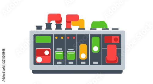 Industrial Control Panel Illustration with Colorful Buttons and Switches - Machine Dashboard Concept in Flat Vector Style for Technology and Engineering