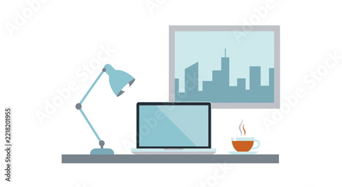Minimalist Flat Design Home Office Workspace with Laptop, Desk Lamp, and Coffee Cup Over City Skyline View