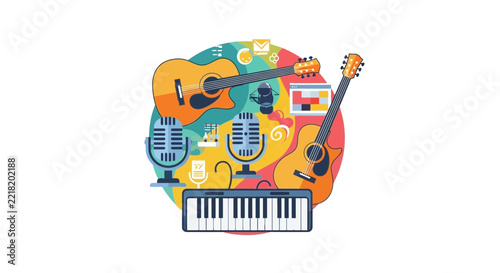 Music Production and Recording Concept Illustration with Guitars, Piano Keyboard, and Studio Microphones in a Vibrant Flat Style