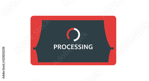 Flat Illustration of a Theater Screen with Processing Message and Loading Spinner Icon, Red Curtains, Cinema Production Concept