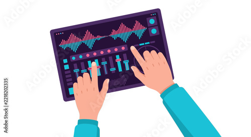 Professional Digital Music Production on Tablet with Audio Waveform and Equalizer Sliders Flat Illustration