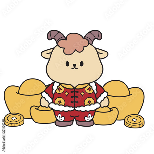 Chinese new year 2027 year of the Goat red and gold line art character, simple hand drawn asian elements with craft style on background. (Chinese translation: Happy chinese new year 2027, year of the 