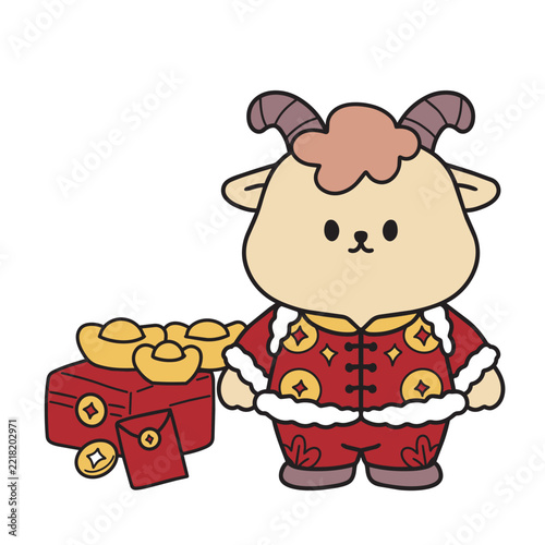 Chinese new year 2027 year of the Goat red and gold line art character, simple hand drawn asian elements with craft style on background. (Chinese translation: Happy chinese new year 2027, year of the 