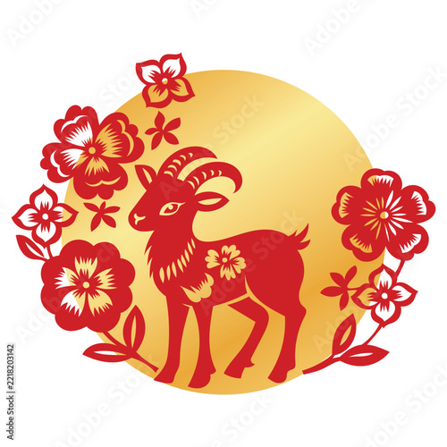 Chinese new year 2027 year of the Goat red and gold line art character, simple hand drawn asian elements with craft style on background. (Chinese translation: Happy chinese new year 2027, year of the 