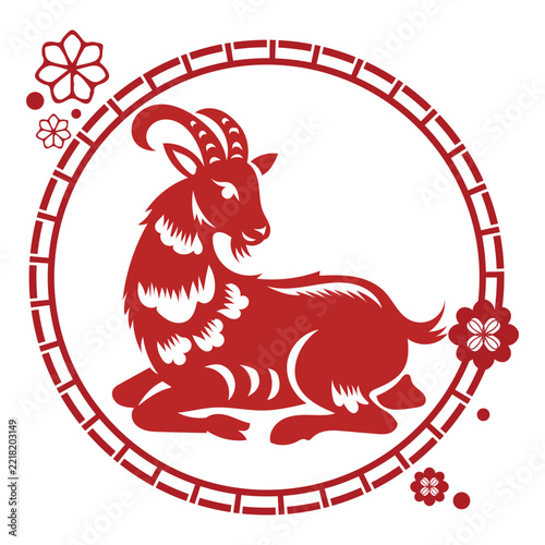 Chinese new year 2027 year of the Goat red and gold line art character, simple hand drawn asian elements with craft style on background. (Chinese translation: Happy chinese new year 2027, year of the 