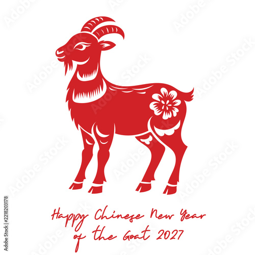 Chinese new year 2027 year of the Goat red and gold line art character, simple hand drawn asian elements with craft style on background. (Chinese translation: Happy chinese new year 2027, year of the 
