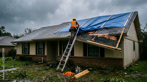 Roofing contractor repairing storm damaged house roof with blue tarp and ladder under cloudy sky