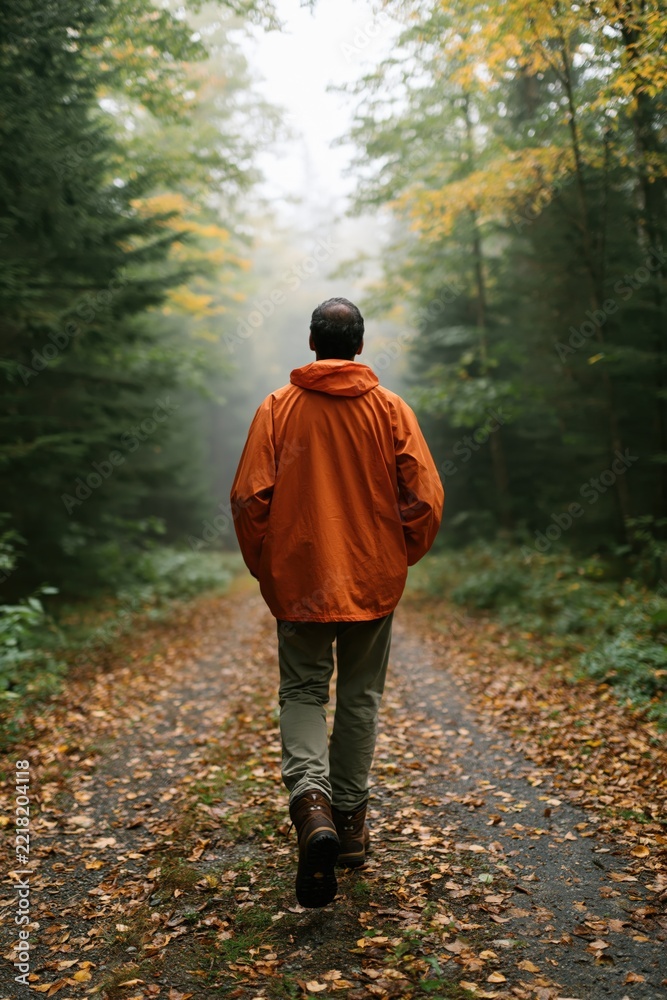 Fototapeta premium Man walking along a green forest road in autumn wearing an orange jacket for background and banner design, peaceful outdoor lifestyle scene for seasonal use