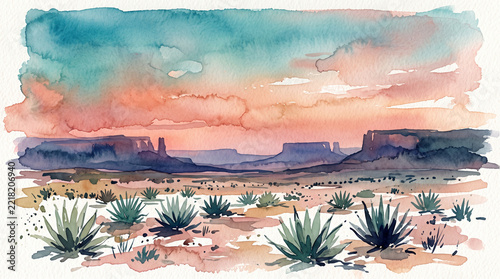 Watercolor desert twilight sky with turquoise and coral clouds silhouetted mesas agave plants and a colorful atmospheric landscape at dusk