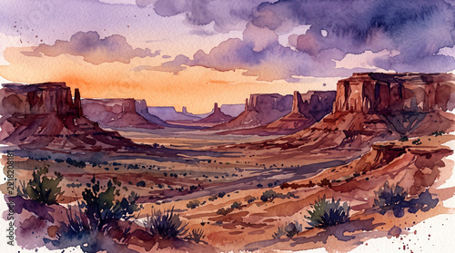 Rich watercolor desert valley at dusk with purple clouds golden sky distant mesas and textured foreground plants across a warm open wilderness