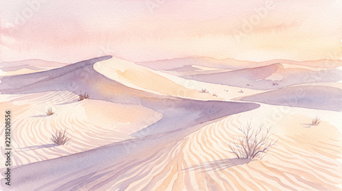 Soft watercolor desert dunes at sunrise with pastel pink light lavender shadows rippled sand and sparse dry plants creating a calm minimalist scene