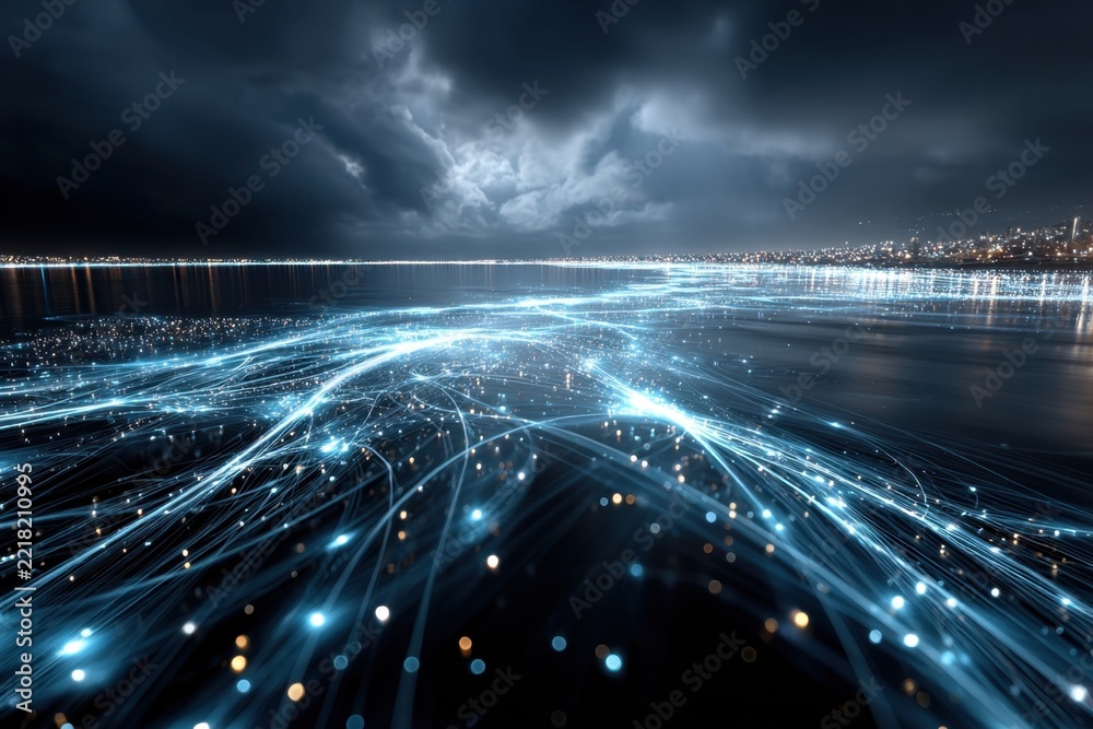Fototapeta premium Luminous network over dark water with city lights