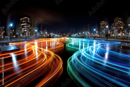 Colorful light trails between buildings at night