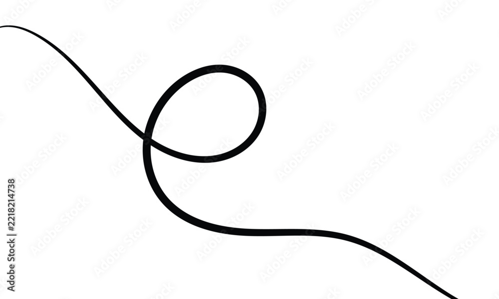 Obraz premium Abstract black curved line with swirl loop on white background, hand drawn flowing doodle stroke, minimal line art design element with copy space,