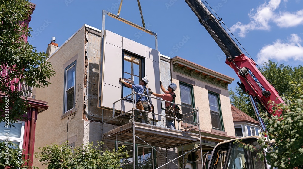 Obraz premium Construction workers installing a prefabricated wall panel on a residential building. Crane lifting a modular home component at a renovation site