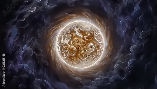 Hypnotic golden energy core glowing inside a swirling cosmic vortex, surrounded by dark nebula clouds in a dramatic deep space scene.