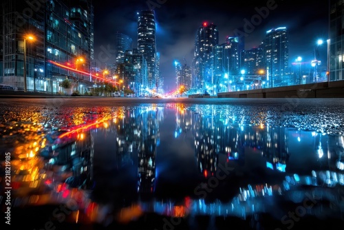 City skyline reflected in puddles at night showcasing vibrant urban life