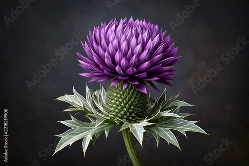  A sophisticated photorealistic close-up of a single Scottish thistle.